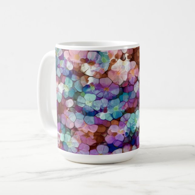 Pink Rose Gold Teal Mosaic Millefiori Flowers Coffee Mug (Front Left)