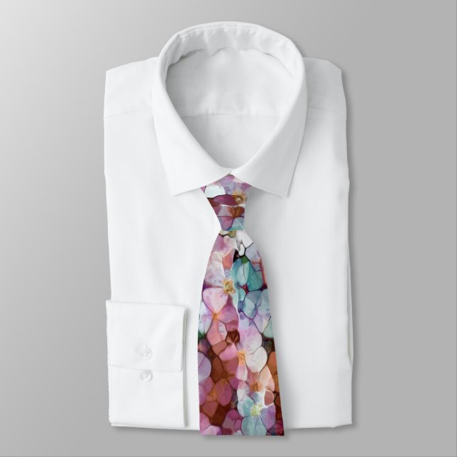 Pink Rose Gold Teal Mosaic Millefiori Flowers Tie (Tied)
