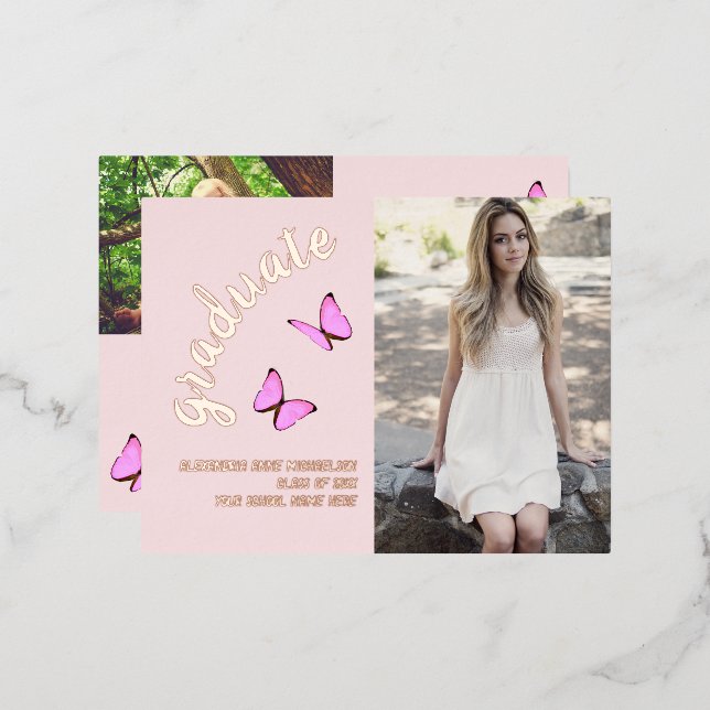 Pink Rose Gold Then and Now Photo Graduation Foil Invitation Postcard (Front/Back)
