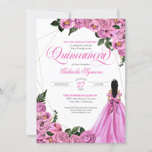 Pink Rose Gold Tiara and Ball Gown Quinceañera Invitation