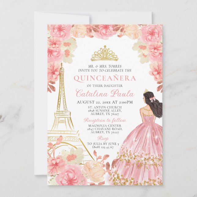 Pink Rose Gold Tiara Paris Quinceañera Invitation (Front)