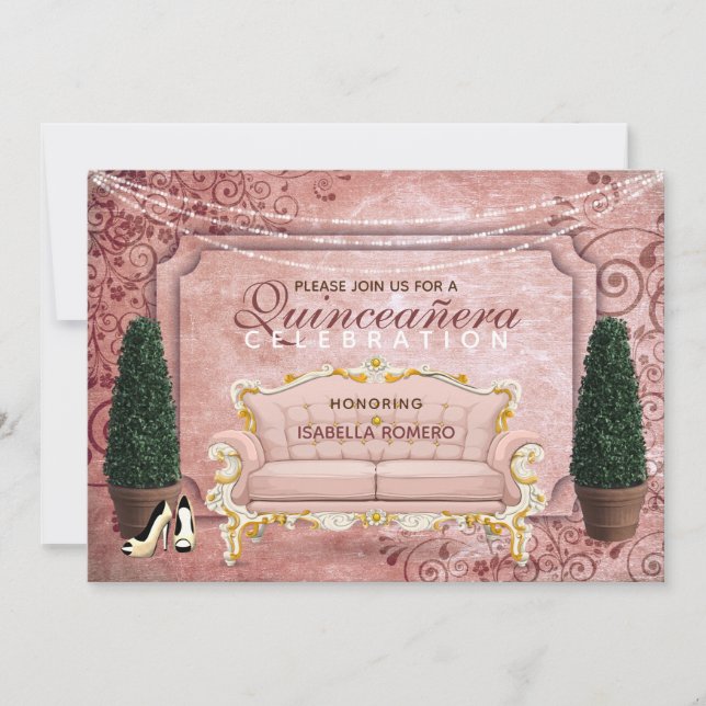 Pink Rose Gold Topiary Garden Quinceañera Invitation (Front)