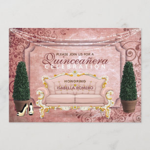 Pink Rose Gold Topiary Garden Quinceañera Invitation