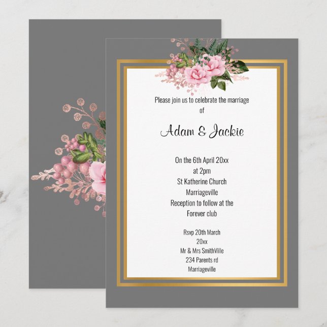 PINK ROSE GOLD TRIM ELEGANT WEDDING GREY INVITATION (Front/Back)