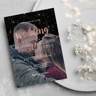 Pink rose gold typo black glitter photo wedding  invitation