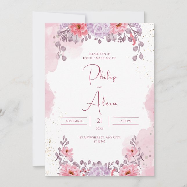 Pink Rose Gold Watercolor Wedding Invitation (Front)