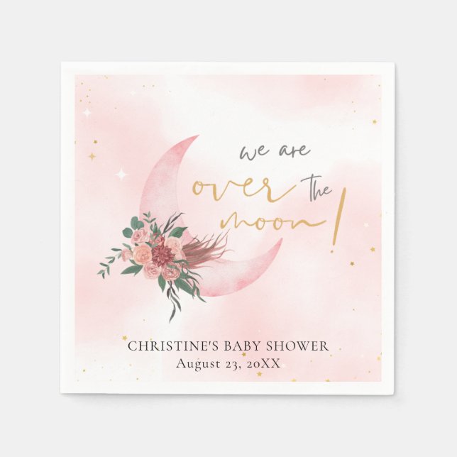 Pink rose gold We are over the Moon Baby Shower  Napkin (Front)