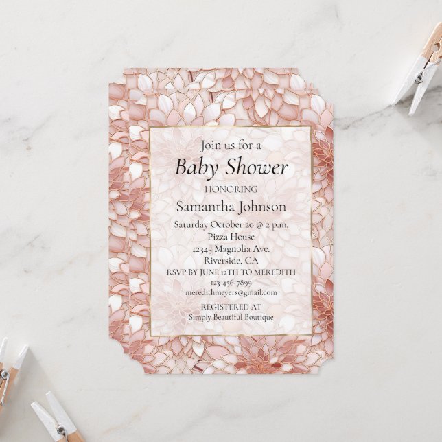 Pink Rose Gold White Floral Baby Shower Invitation (Front/Back In Situ)