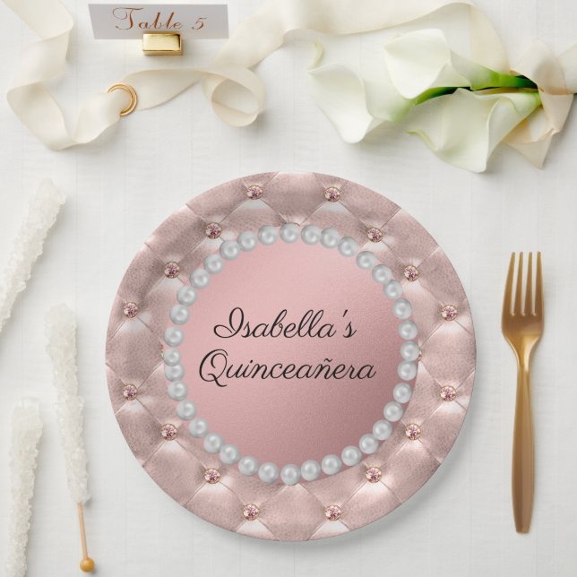 Pink Rose Gold White Pearls Quinceañera Photo  Paper Plate (Wedding)