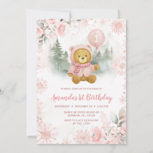 Pink Rose Gold Winter Bear Balloon 1st Birthday Invitation