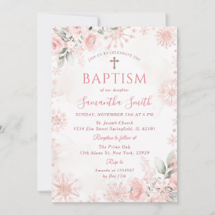 Pink Rose Gold Winter Floral Cross Girl Baptism Invitation