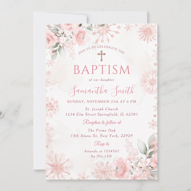 Pink Rose Gold Winter Floral Cross Girl Baptism Invitation (Front)