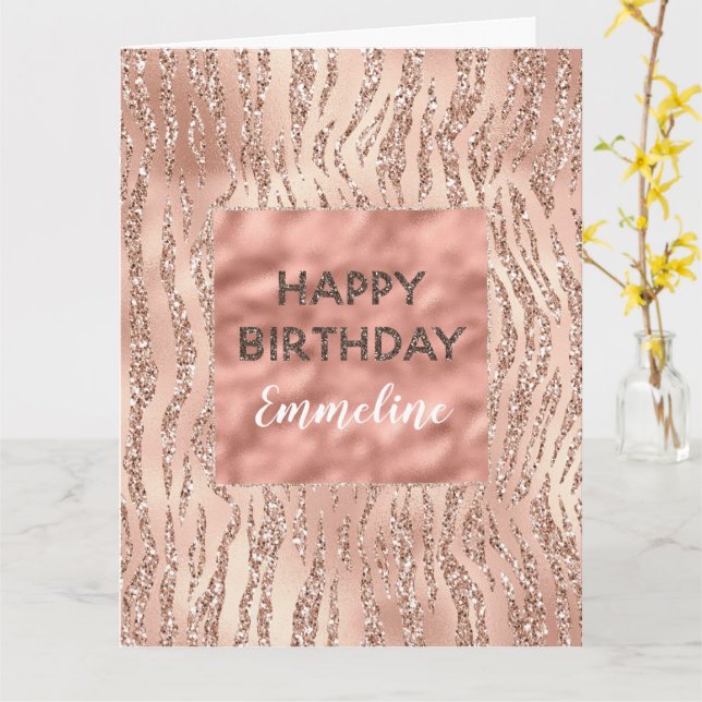 Pink Rose Gold Zebra Print Glitter Birthday Card (Yellow Flower)