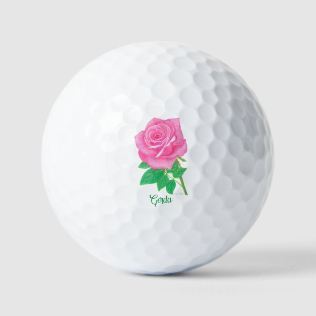 Pink Rose Golf Balls With Personalised Text (Front)
