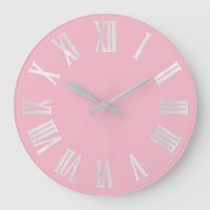 Pink Rose Gray Metallic Silver Roman Numbers Large Clock