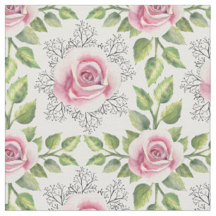 Pink Rose Green Leaves Floral Fabric
