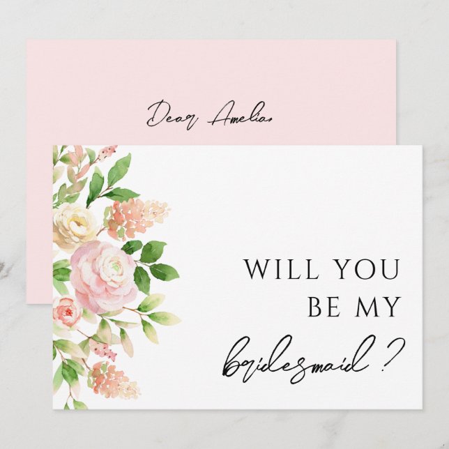 Pink Rose Greenery Bridesmaid Proposal Card (Front/Back)