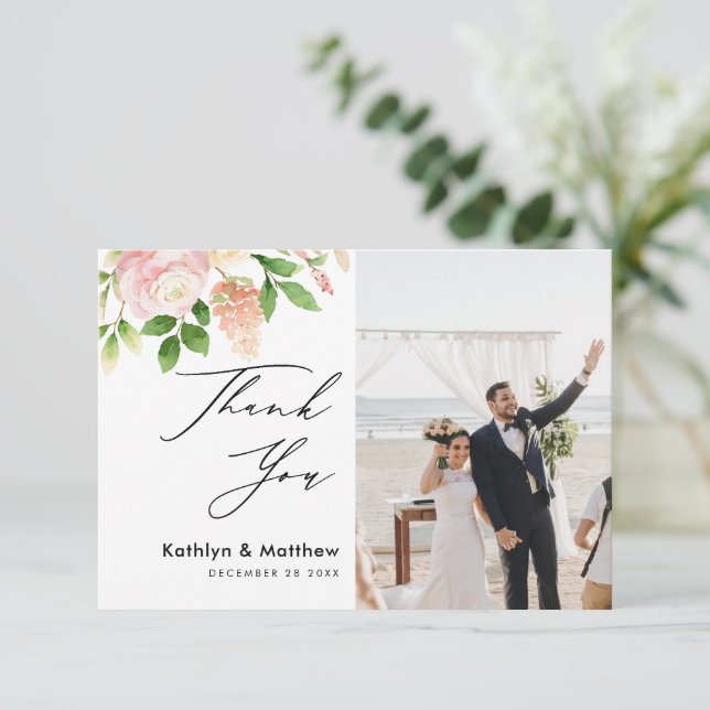 Pink Rose Greenery Elegant Script Photo Wedding Thank You Card (Standing Front)