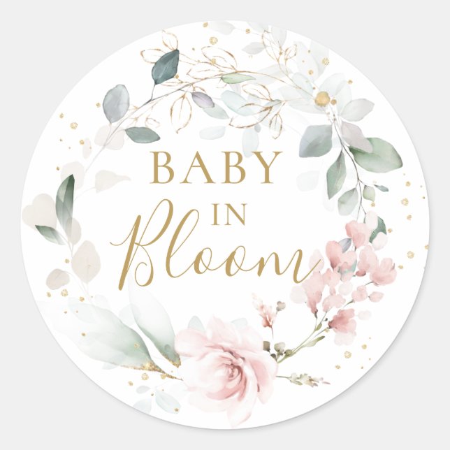 Pink Rose Greenery Foliage Baby Shower Classic Round Sticker (Front)