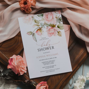 Pink Rose & Greenery Leaves Baby Shower Invitation