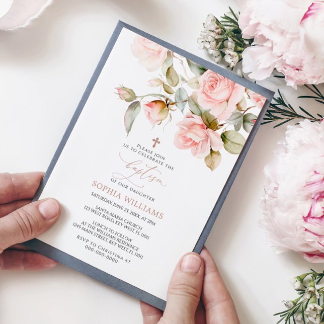 Pink Rose & Greenery Leaves Baptism Invitation (Creator Uploaded)