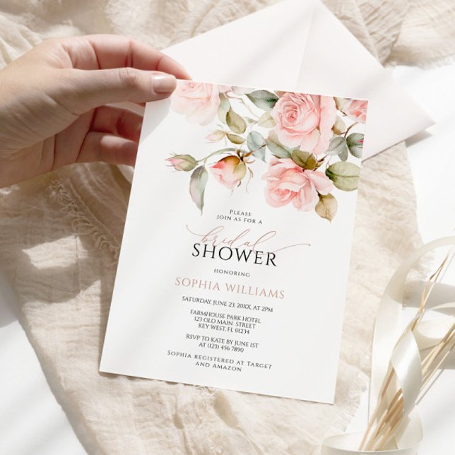 Pink Rose & Greenery Leaves  Bridal Shower Invitation (Creator Uploaded)