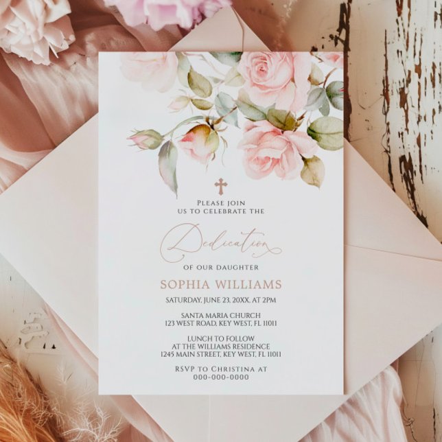 Pink Rose & Greenery Leaves Dedication Invitation (Creator Uploaded)