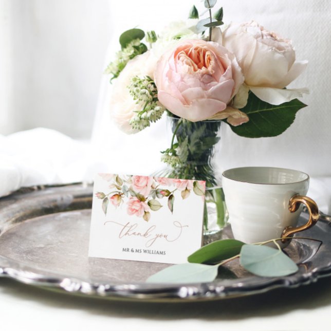 Pink Rose & Greenery Leaves Wedding Thank You Card (Creator Uploaded)