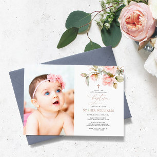 Pink Rose & Greenery  Photo Baptism Invitation