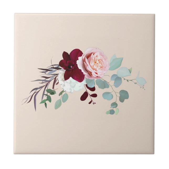 Pink Rose Greenery Watercolor Floral Tile (Front)