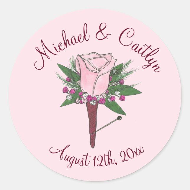 Pink Rose Groom Boutonniere Wedding Save the Date Classic Round Sticker (Front)