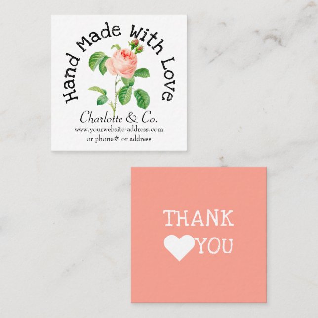 Pink Rose Handmade With Love Product Thank You Square Business Card (Front/Back)