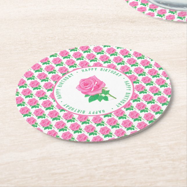 Pink Rose Happy Birthday Round Paper Coaster (Angled)