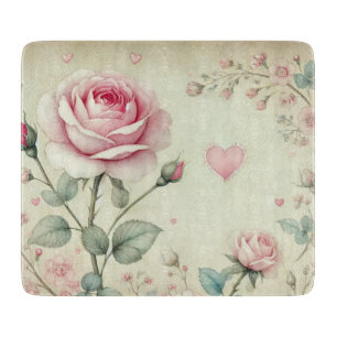 Pink rose heart floral vintage pastel watercolor cutting board