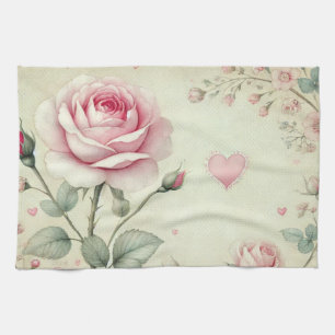 Pink rose heart floral vintage pastel watercolor tea towel