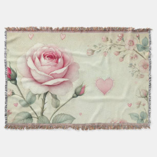 Pink rose heart floral vintage pastel watercolor  throw blanket