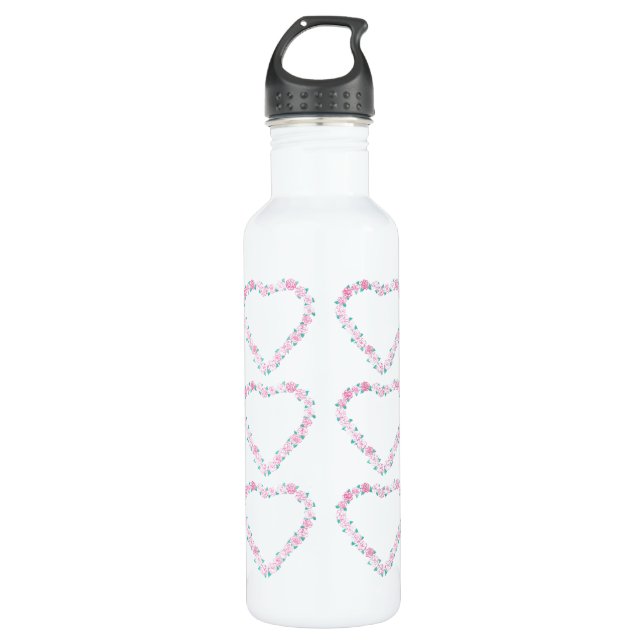 Pink Rose Heart Wreath Water Bottle (Front)