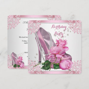 Pink Rose High Heel Lace Pearls Birthday Party Invitation