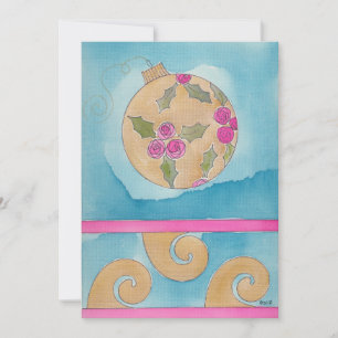 Pink Rose & Holly Ornament - Flat Christmas Card