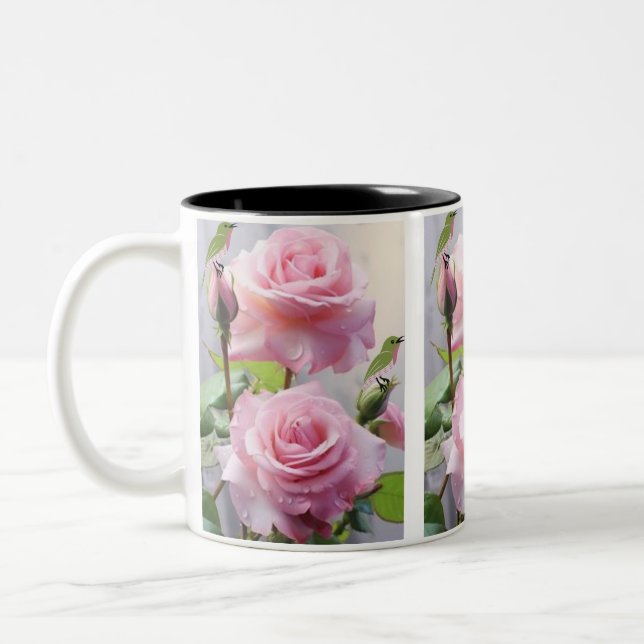 Pink Rose & Hummingbird Mug-Delicate Nature Charm. Two-Tone Coffee Mug (Left)