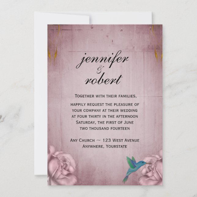 Pink Rose Hummingbird Wedding Invitation (Front)