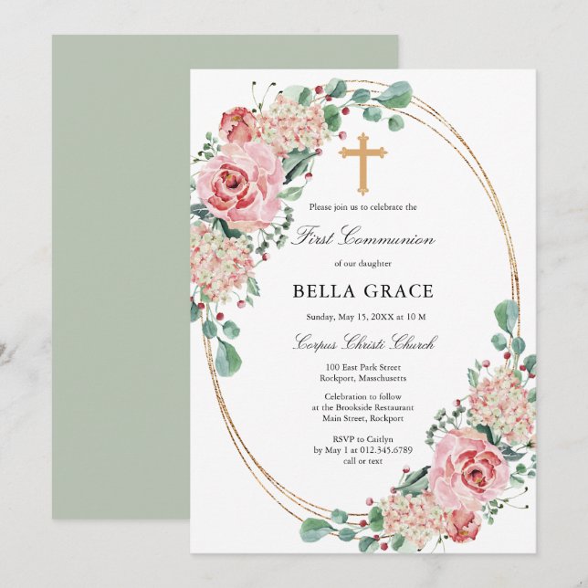 Pink Rose Hydrangea First Holy Communion Invitation (Front/Back)