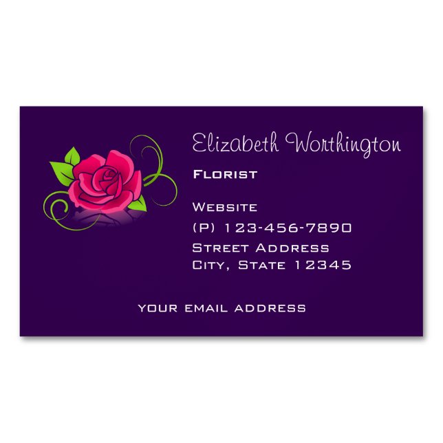 Pink Rose Illustration Magnetic Business Card (Front)