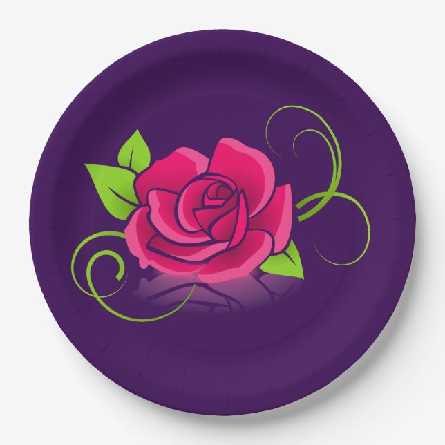 Pink Rose Illustration Paper Plate (Front)