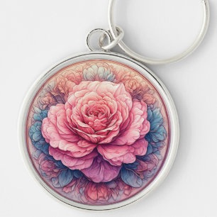 Pink Rose in Bloom Surrounded by Ornate Details Key Ring