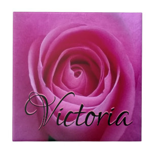 Pink Rose in Bloom with Your Name Ceramic Tile