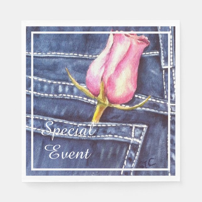 Pink Rose in Denim Pocket Party Napkin (Front)
