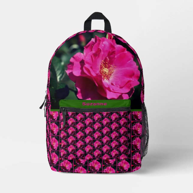 Pink Rose In Full Bloom Personalised Printed Backpack (Front)