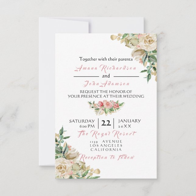 Pink Rose Ivory Creamy Gold Floral Roses Wedding Invitation (Front)