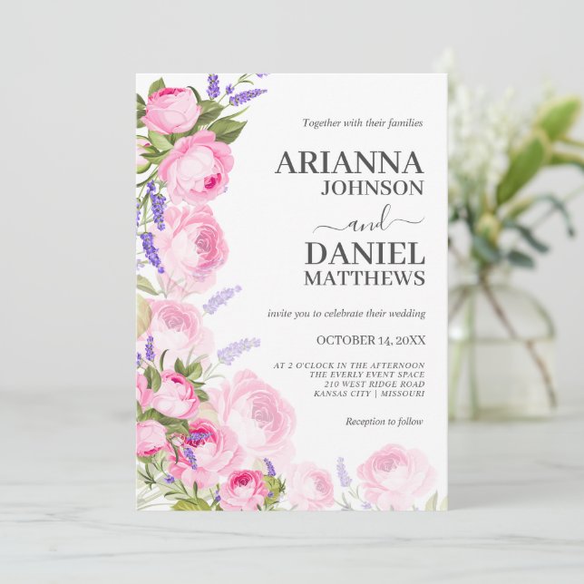 Pink Rose & Lavender Floral Invitation (Standing Front)